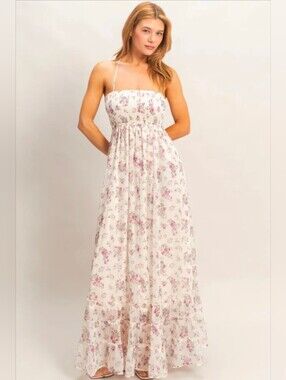 Large HYFVE Ivory Floral Smocked Open Back Maxi Dress-NWT